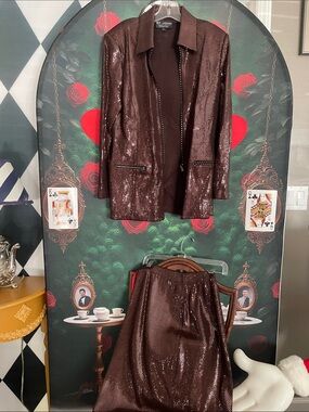 St. John Brown Sequin Knit Blazer and Skirt